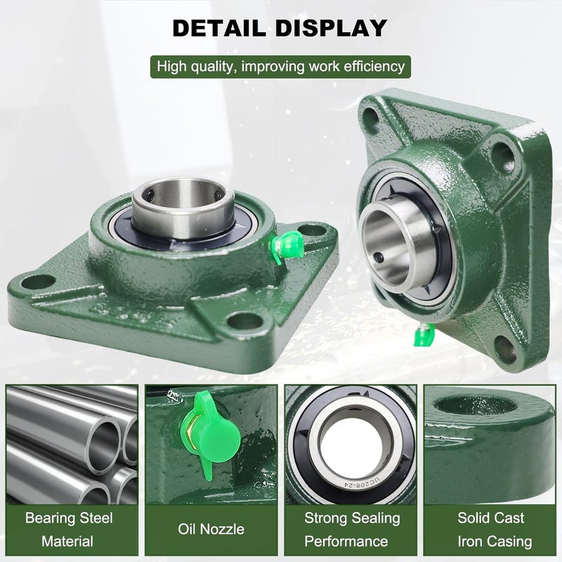 SACKORANGE 2 Pack UCF208-24 Pillow Block Bearing – Square Flange 4 Bolt Mounted Pillow Block Bearings – Bearing Steel Bearings with 1-1/2"" Bore, Self-aligning Bearings with Solid Cast Iron Base - Image 4